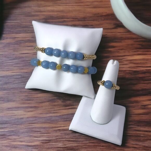 NWT Wool + Pepper Co. Angelite Gemstone & Gold Bracelets and Ring Set - Picture 1 of 3